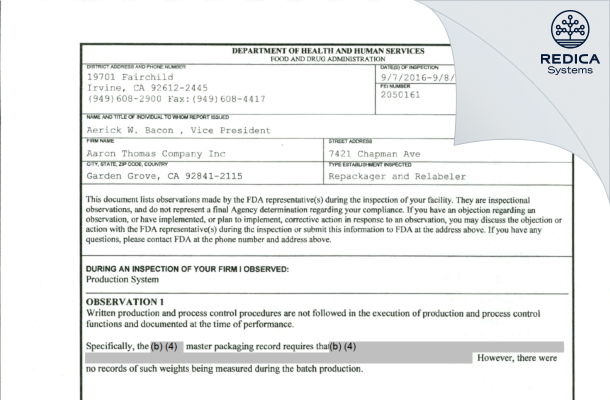 FDA 483 - Aaron Thomas Company Inc [Garden Grove / United States of America] - Download PDF - Redica Systems