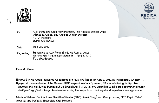 FDA 483 Response - P & L Development, LLC [California / United States of America] - Download PDF - Redica Systems