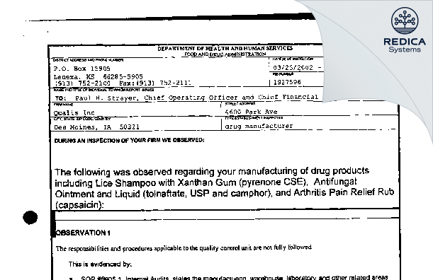 FDA 483 - Qualis Group LLC [Ankeny / United States of America] - Download PDF - Redica Systems