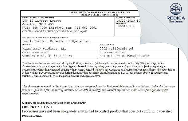 FDA 483 - Viant AS&O Holdings, LLC [Orchard Park / United States of America] - Download PDF - Redica Systems