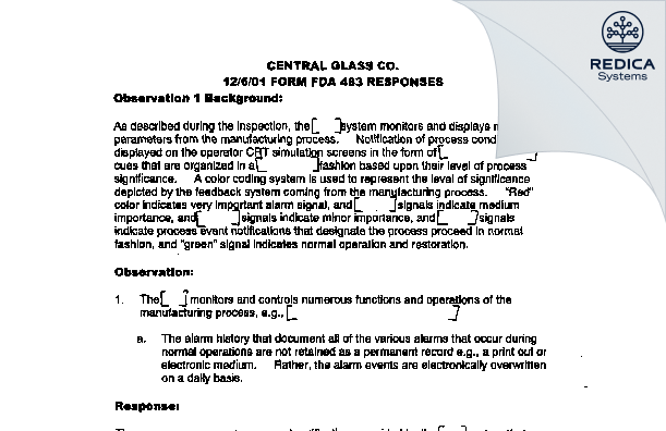 FDA 483 Response - Central Glass CO., LTD. [Ube / Japan] - Download PDF - Redica Systems