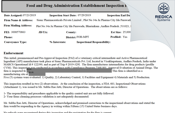 EIR - SIONC PHARMACEUTICAL PRIVATE LIMITED [Visakhapatnam / India] - Download PDF - Redica Systems