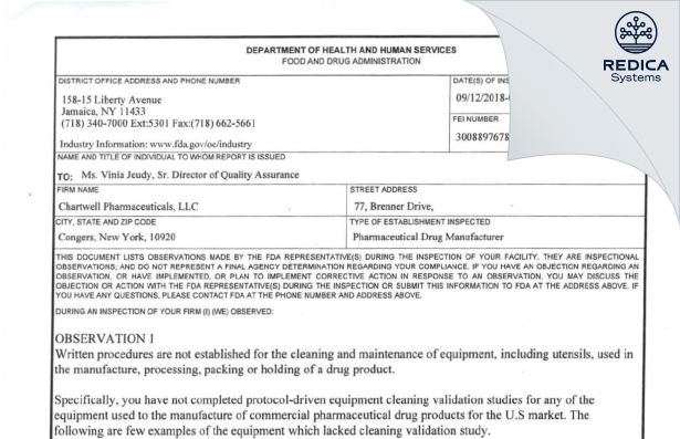 FDA 483 - Chartwell Pharmaceuticals Congers, LLC. [Congers / United States of America] - Download PDF - Redica Systems