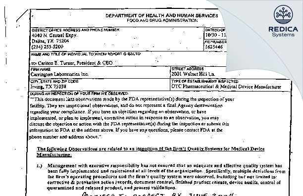 FDA 483 - Carrington Laboratories, Inc [Irving / United States of America] - Download PDF - Redica Systems