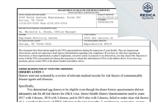 FDA 483 - Repromed Fertility Center [Dallas / United States of America] - Download PDF - Redica Systems