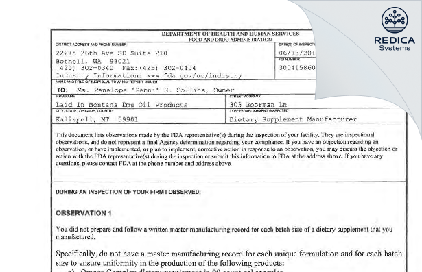 FDA 483 - Montana Emu Ranch Company [Kalispell / United States of America] - Download PDF - Redica Systems