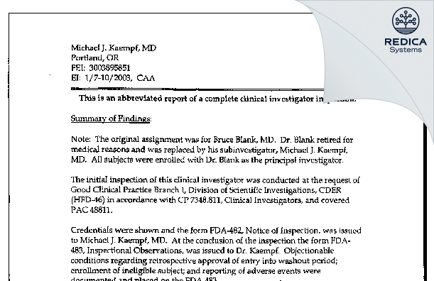 EIR - Michael J. Kaempf, MD [Portland / United States of America] - Download PDF - Redica Systems