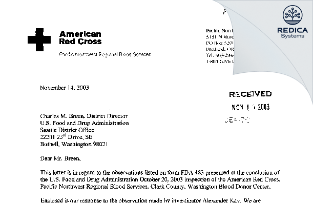 FDA 483 Response - The American National Red Cross [Vancouver / United States of America] - Download PDF - Redica Systems