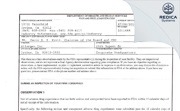 FDA 483 - Allergan Sales, LLC [Irvine / United States of America] - Download PDF - Redica Systems