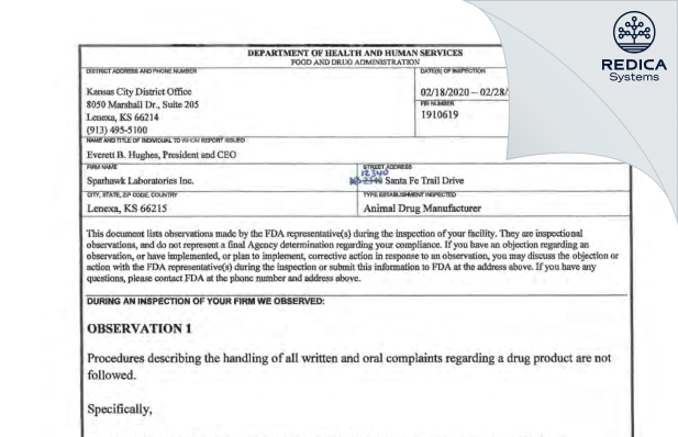 FDA 483 - Sparhawk Laboratories, Inc. [Lenexa / United States of America] - Download PDF - Redica Systems