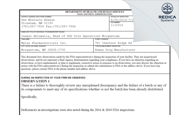 FDA 483 - Mylan Pharmaceuticals Inc. [Morgantown / United States of America] - Download PDF - Redica Systems