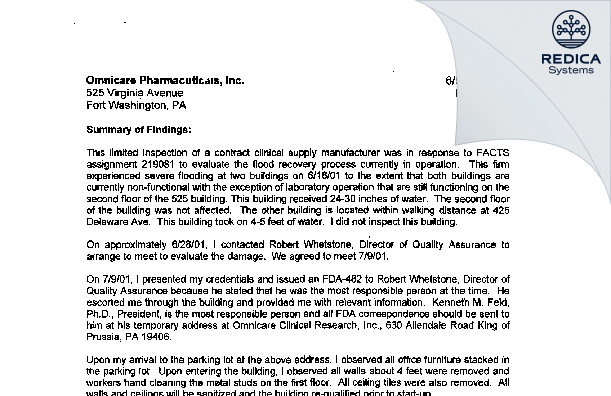 EIR - Omnicare Pharmaceutics Inc. [Fort Washington / United States of America] - Download PDF - Redica Systems