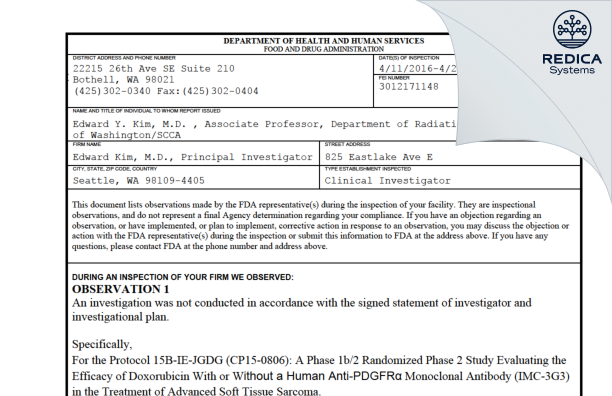 FDA 483 - Edward Kim [Seattle / United States of America] - Download PDF - Redica Systems