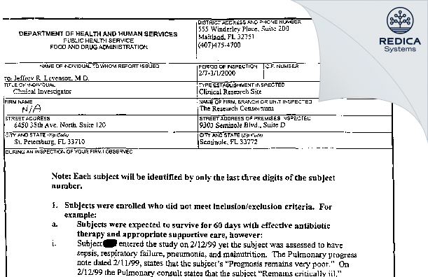 FDA 483 - Jeffrey R. Levenson, M.D. [Seminole / United States of America] - Download PDF - Redica Systems