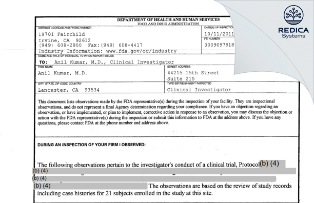 FDA 483 - Anil Kumar, M.D. [Lancaster / United States of America] - Download PDF - Redica Systems