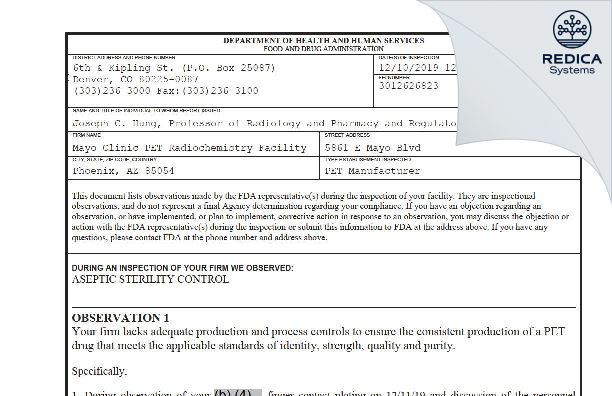 FDA 483 - Mayo Clinic PET Radiochemistry Facility [Phoenix / United States of America] - Download PDF - Redica Systems