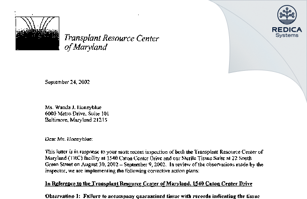 FDA 483 Response - Transplant Resource Center of Maryland [Halethorpe / United States of America] - Download PDF - Redica Systems