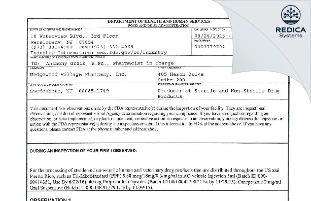 FDA 483 - Wedgewood Village Pharmacy, LLC [Swedesboro / United States of America] - Download PDF - Redica Systems