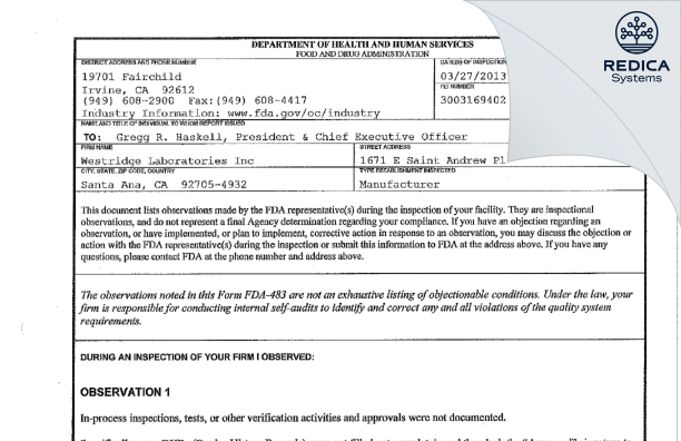 FDA 483 - Westridge Laboratories Inc [Santa Ana / United States of America] - Download PDF - Redica Systems