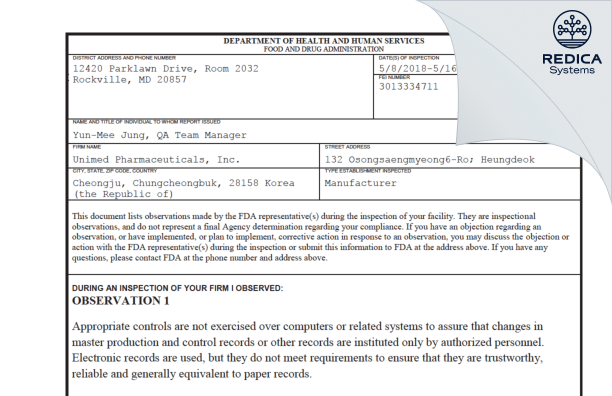 FDA 483 - Unimed Pharmaceuticals, Inc. [- / -] - Download PDF - Redica Systems