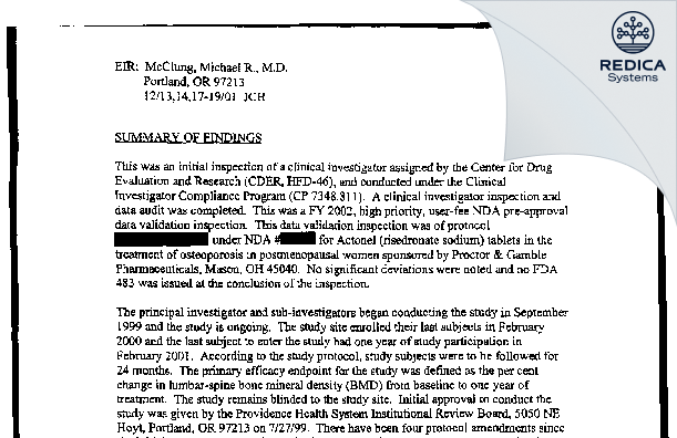 EIR - Mc Clung Michael R Md [Portland / United States of America] - Download PDF - Redica Systems
