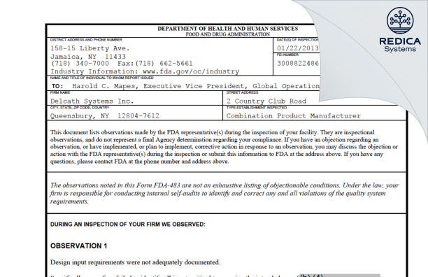 FDA 483 - Delcath Systems Inc. [Queensbury / United States of America] - Download PDF - Redica Systems