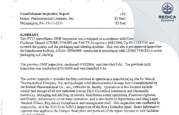 EIR - Frontida BioPharm Inc. [Philadelphia / United States of America] - Download PDF - Redica Systems