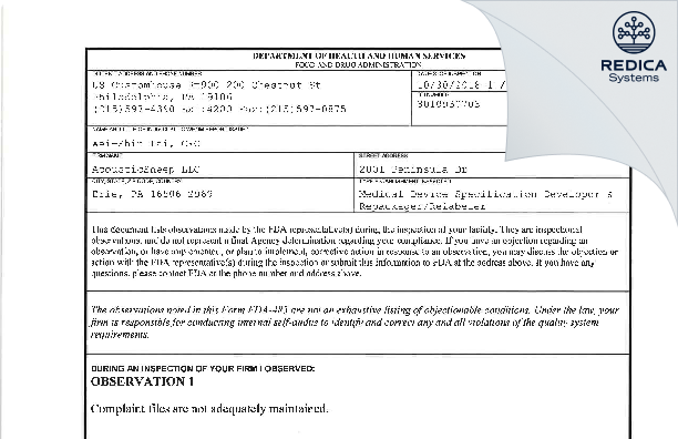 FDA 483 - AcousticSheep LLC [Erie / United States of America] - Download PDF - Redica Systems