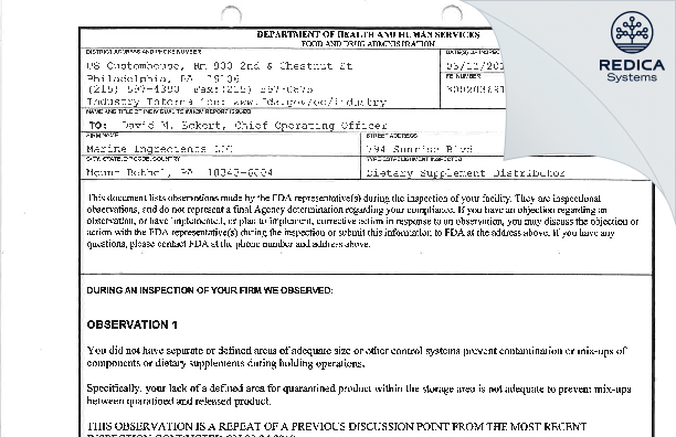 FDA 483 - Marine Ingredients LLC [Mount Bethel / United States of America] - Download PDF - Redica Systems