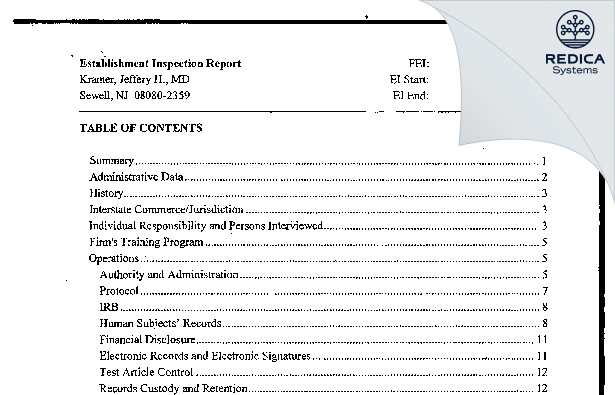 EIR - Kramer, Jeffery H., MD [Sewell / United States of America] - Download PDF - Redica Systems