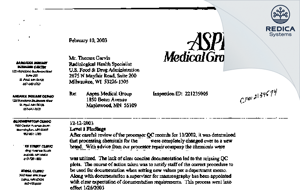 FDA 483 Response - Aspen Medical Group [Maplewood / United States of America] - Download PDF - Redica Systems
