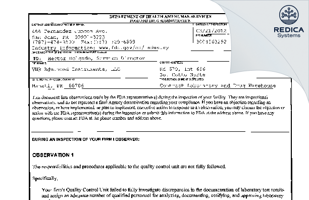 FDA 483 - VWR Advanced Instruments, LLC [Manati / United States of America] - Download PDF - Redica Systems