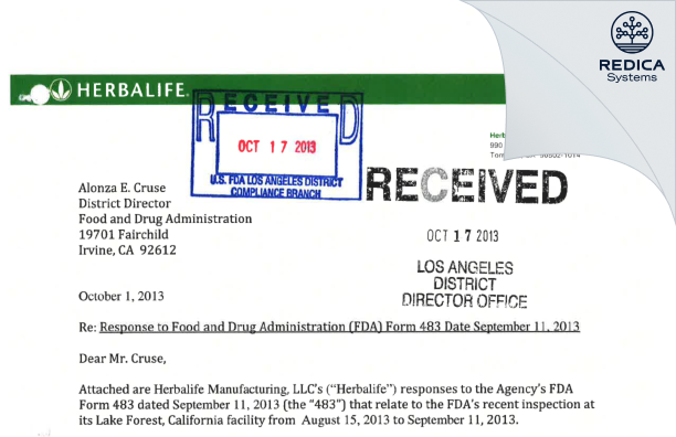 FDA 483 Response - Herbalife Manufacturing, LLC [Lake Forest / United States of America] - Download PDF - Redica Systems