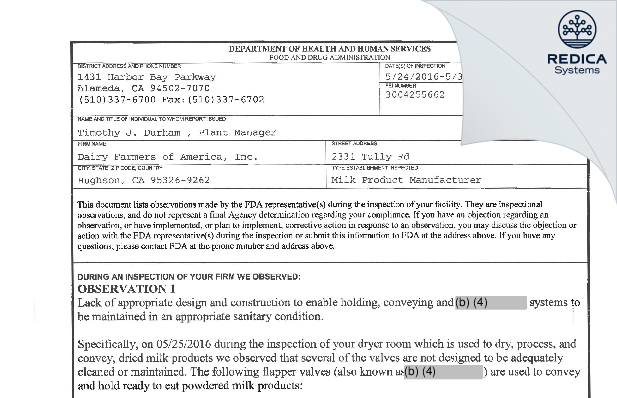 FDA 483 - Dairy Farmers of America, Inc. [Hughson / United States of America] - Download PDF - Redica Systems