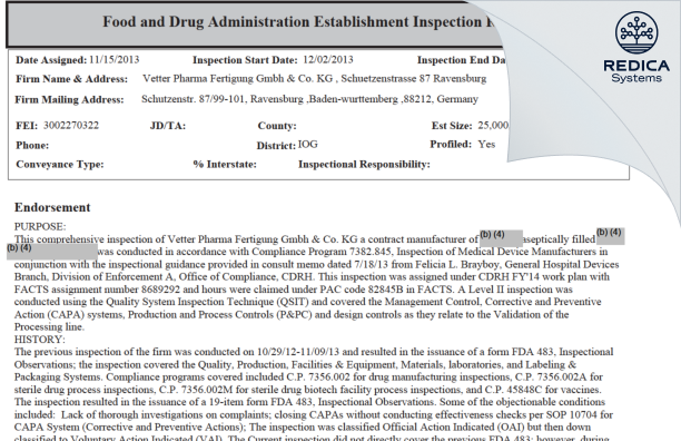 EIR - Vetter Pharma Fertigung GmbH & Co. KG (Ravensburg Schuetzenstrasse) [Ravensburg / Germany] - Download PDF - Redica Systems