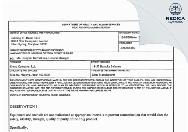 FDA 483 - Kowa Company, Ltd. [Nagoya / Japan] - Download PDF - Redica Systems