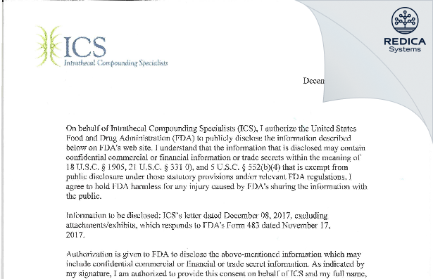 FDA 483 Response - Intrathecal Compounding Specialists, LLC [Scott / United States of America] - Download PDF - Redica Systems