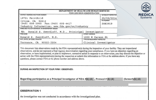 FDA 483 - Ronald S. Swerdloff, M.D. [Torrance / United States of America] - Download PDF - Redica Systems