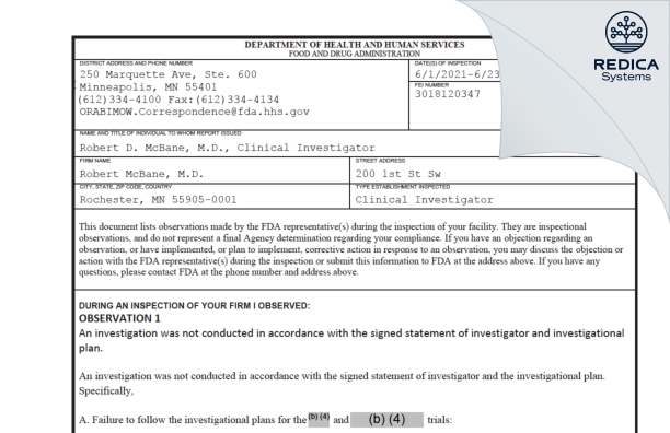 FDA 483 - Robert McBane, M.D. [Rochester / United States of America] - Download PDF - Redica Systems