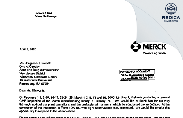 FDA 483 Response - Merck Sharp & Dohme LLC [Jersey / United States of America] - Download PDF - Redica Systems