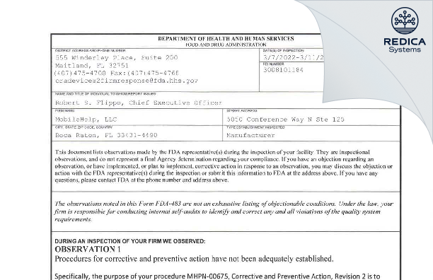 FDA 483 - MobileHelp, LLC [Boca Raton / United States of America] - Download PDF - Redica Systems