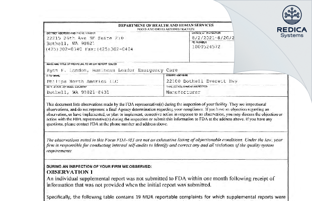 FDA 483 - Philips North America LLC [Bothell / United States of America] - Download PDF - Redica Systems