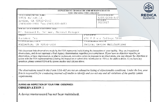 FDA 483 - Aurident Inc [Fullerton / United States of America] - Download PDF - Redica Systems