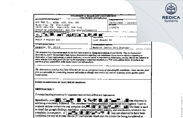 FDA 483 - Smith & Nephew, Inc. [Memphis / United States of America] - Download PDF - Redica Systems