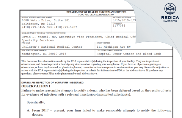 FDA 483 - Children's National Medical Center [Washington / United States of America] - Download PDF - Redica Systems