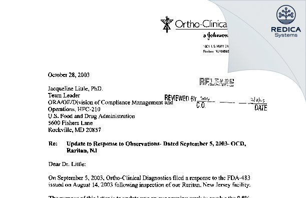 FDA 483 Response - Ortho-Clinical Diagnostics, Inc. [Jersey / United States of America] - Download PDF - Redica Systems