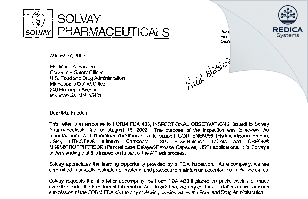 FDA 483 Response - Solvay Pharmaceuticals Inc [Marietta / United States of America] - Download PDF - Redica Systems