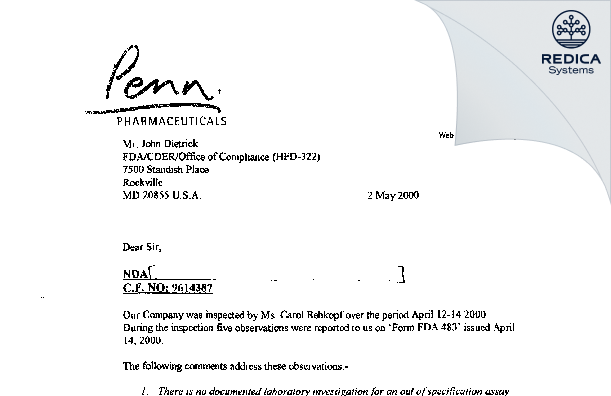 FDA 483 Response - PENN PHARMACEUTICAL SERVICES LIMITED [Tredegar / United Kingdom of Great Britain and Northern Ireland] - Download PDF - Redica Systems