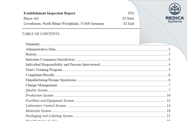 EIR - Bayer AG [Leverkusen / Germany] - Download PDF - Redica Systems