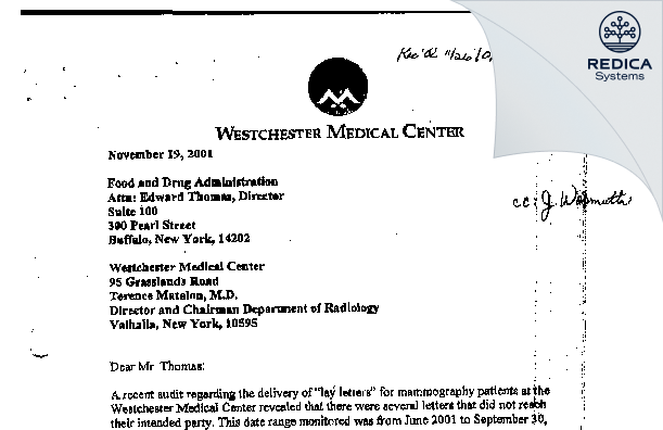 FDA 483 Response - Westchester County Medical Center [Valhalla / United States of America] - Download PDF - Redica Systems